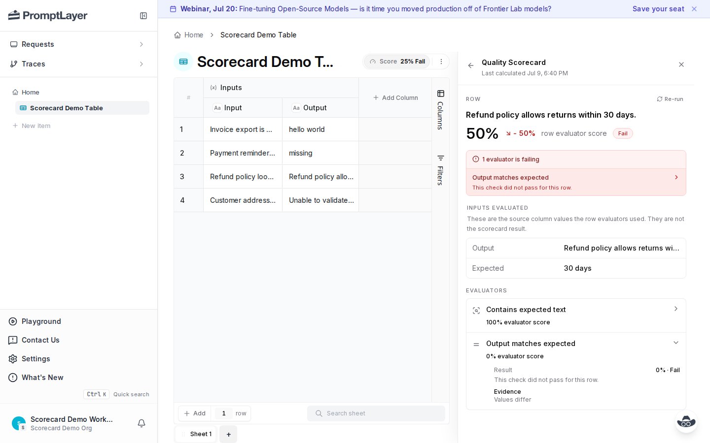 Expanded evaluator evidence showing result, score, failed verdict, and evidence for a row