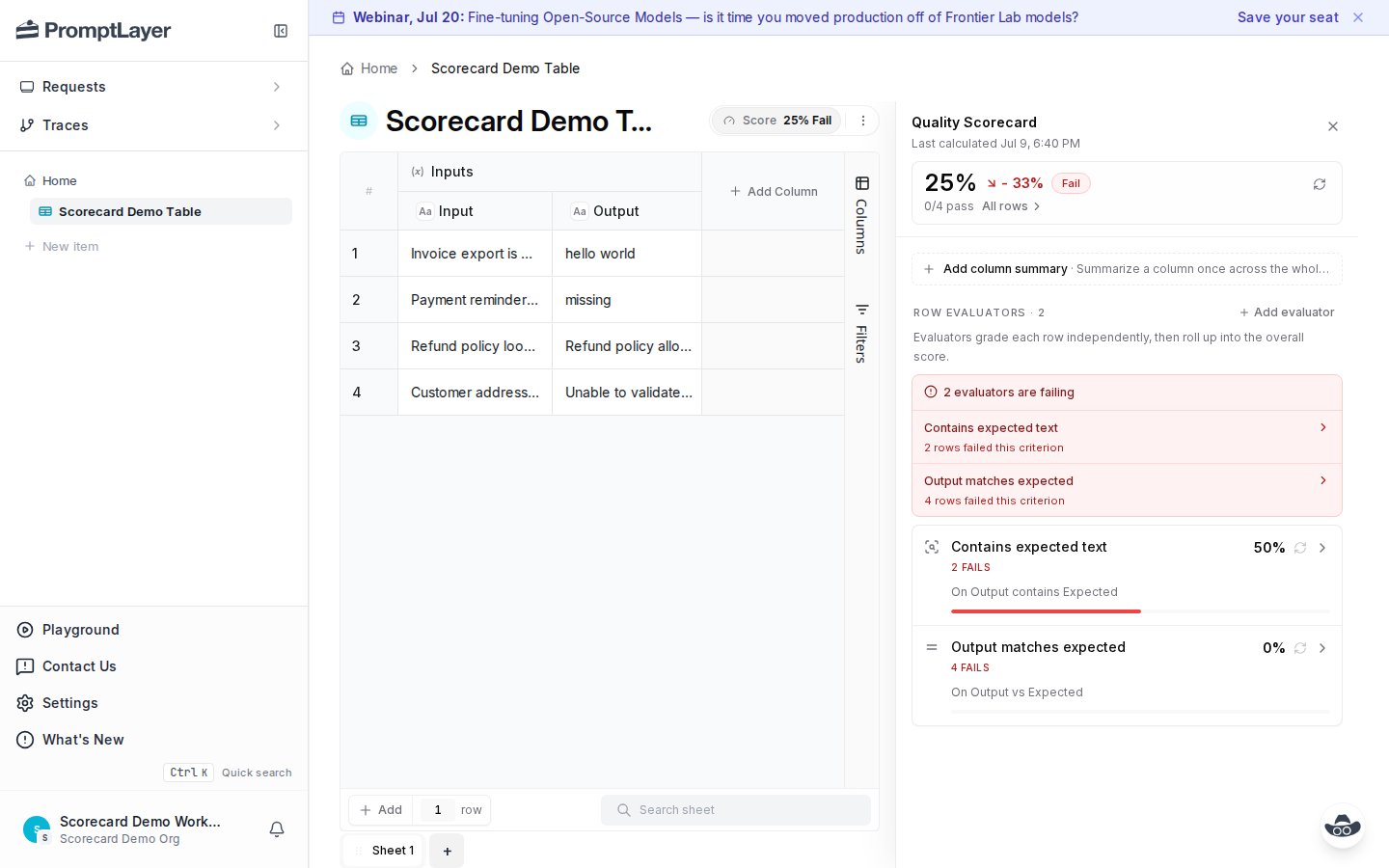 Scorecard panel showing a 25 percent failing quality score, failing evaluators, and row evaluator summaries