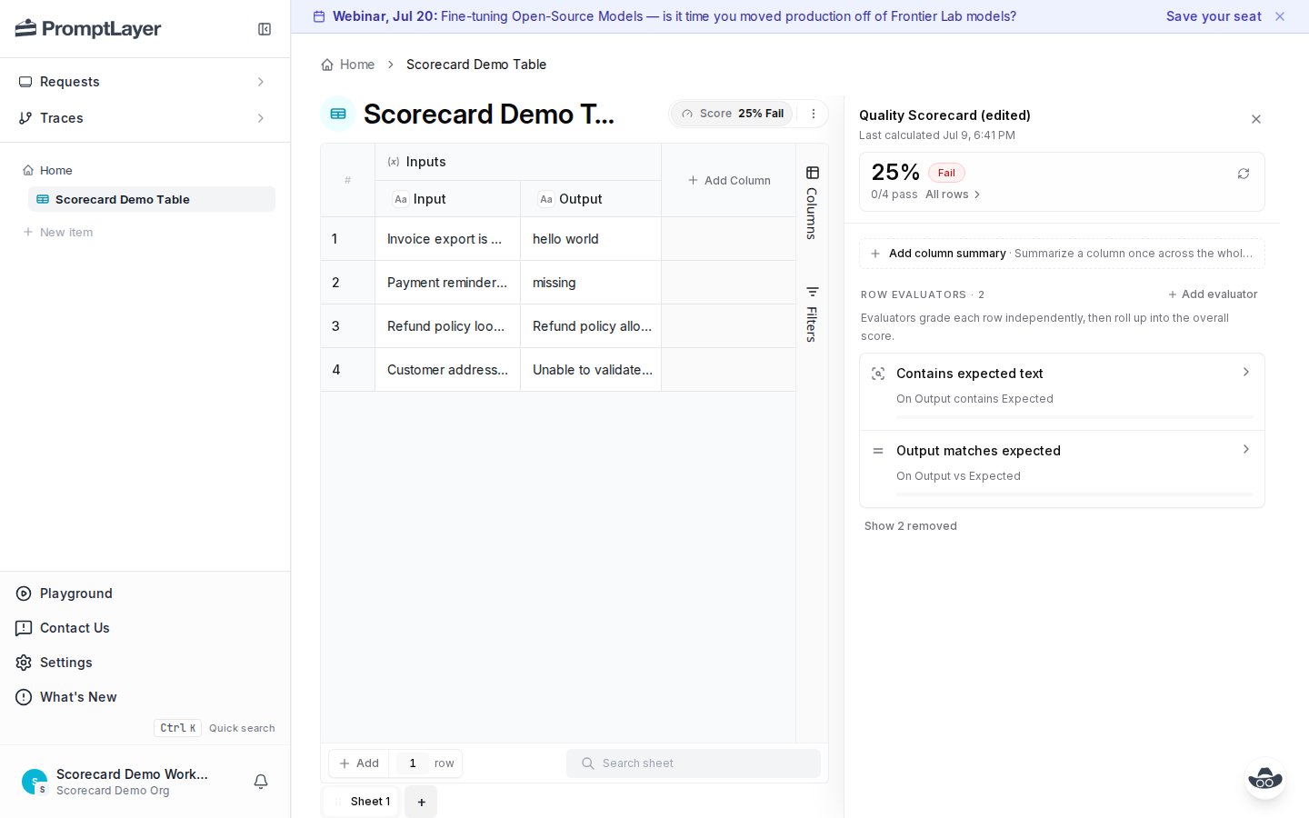 Scorecard panel showing edited state after criteria changed and results need recalculation