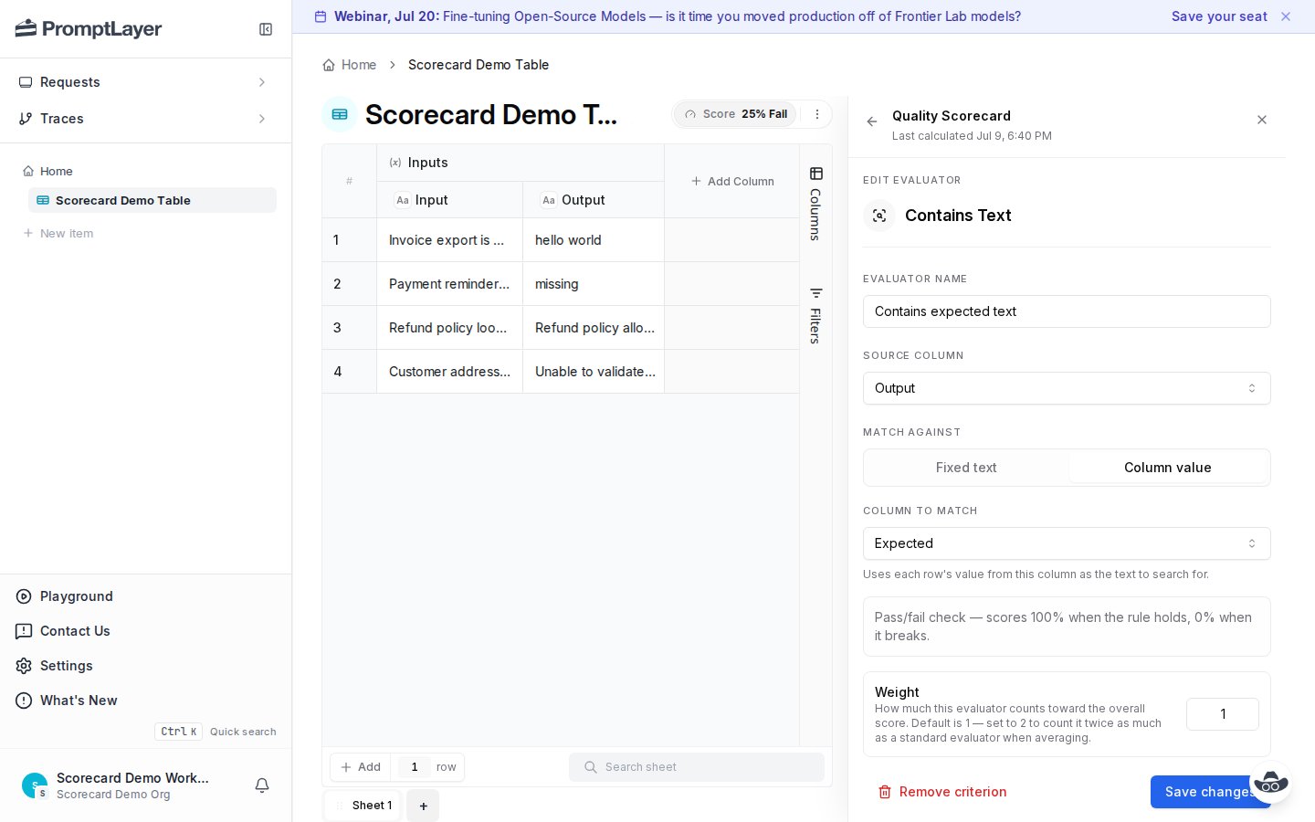 Edit evaluator form for a Contains Text evaluator with source column, match source, column to match, and weight