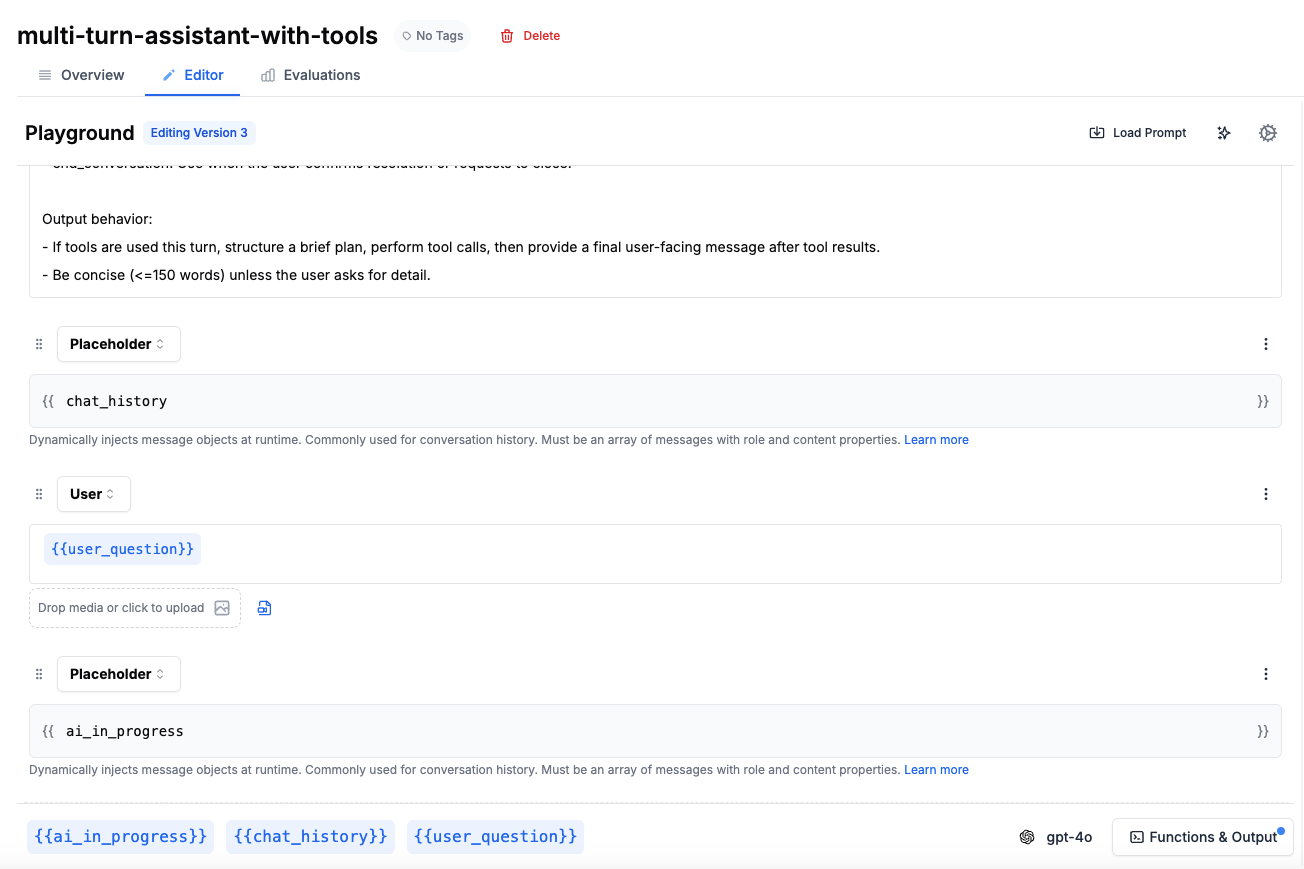 Multi-turn assistant with tools prompt configuration