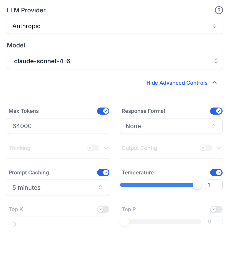 Advanced Model Controls with Prompt Caching enabled and 5 minutes selected