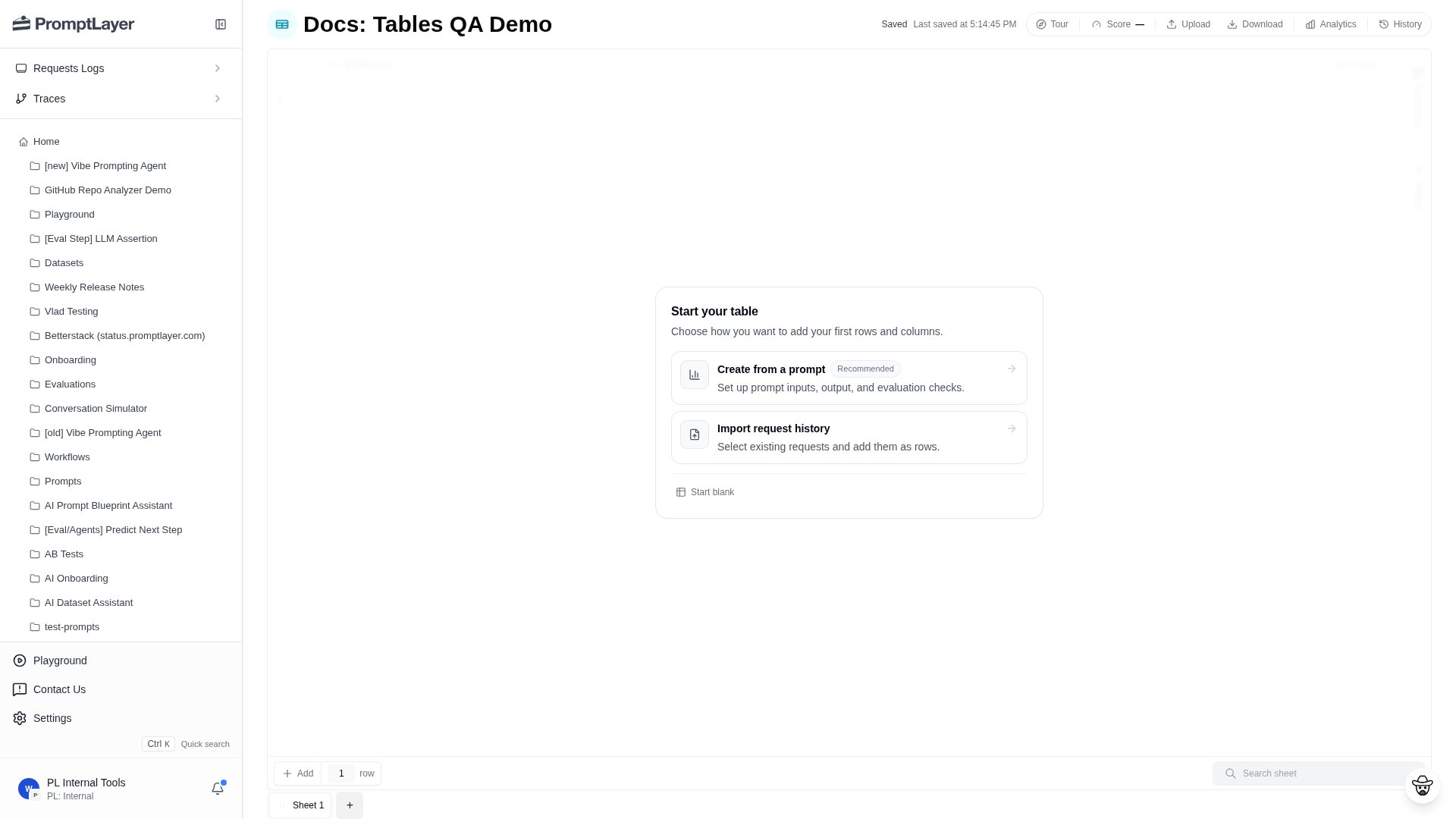 A new Table with options to create from a prompt, import request history, or start blank