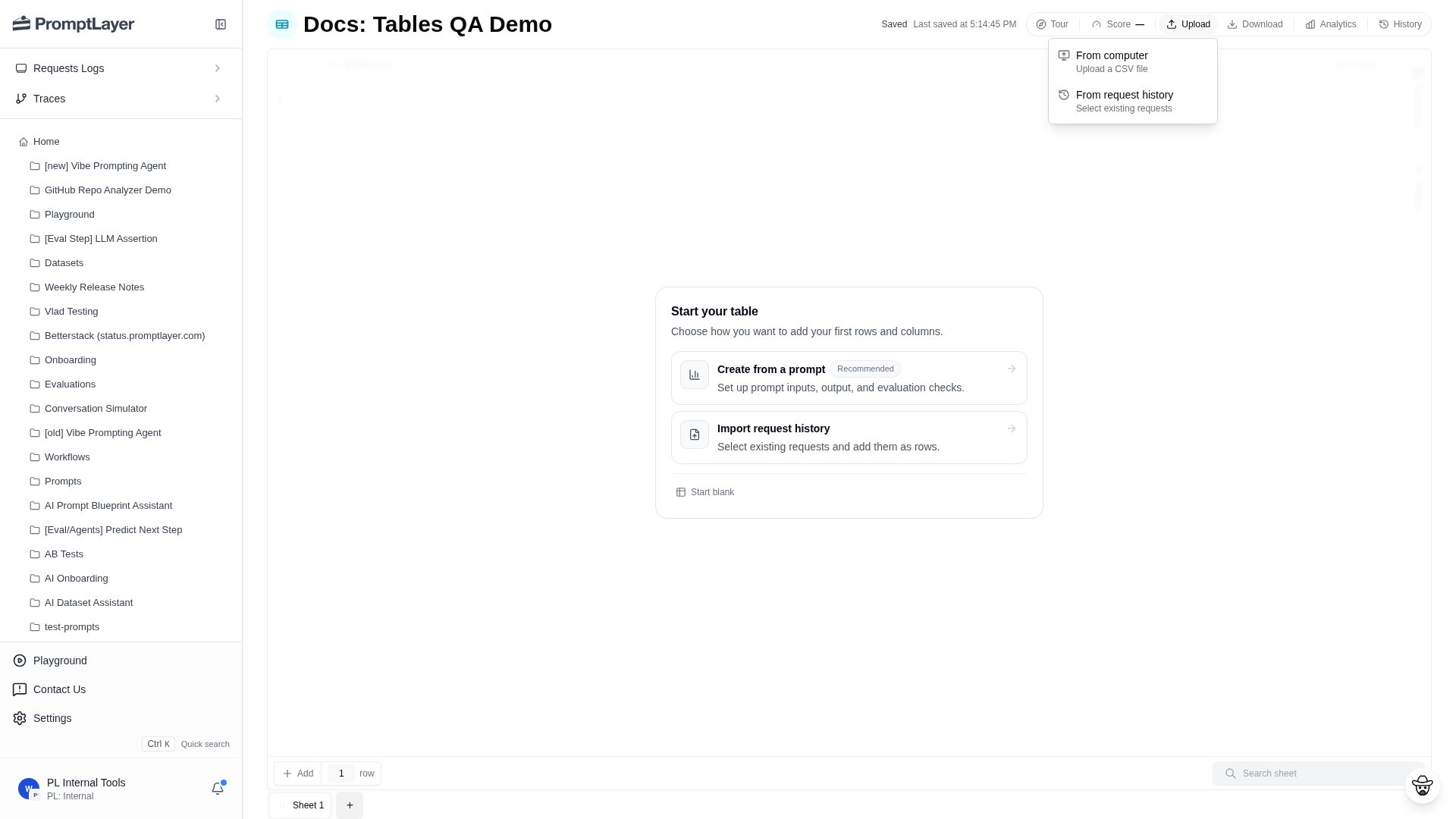 Upload menu with CSV upload and request history import options