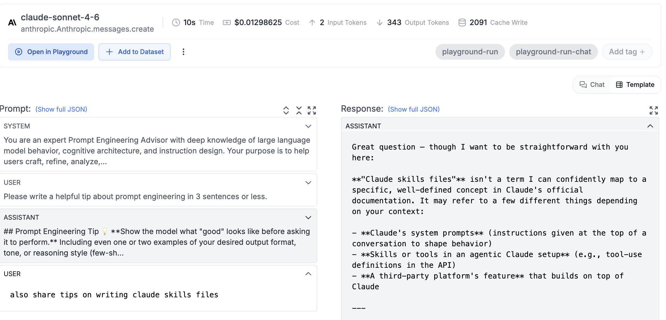 Request log detail showing Cache Write token count and prompt/response