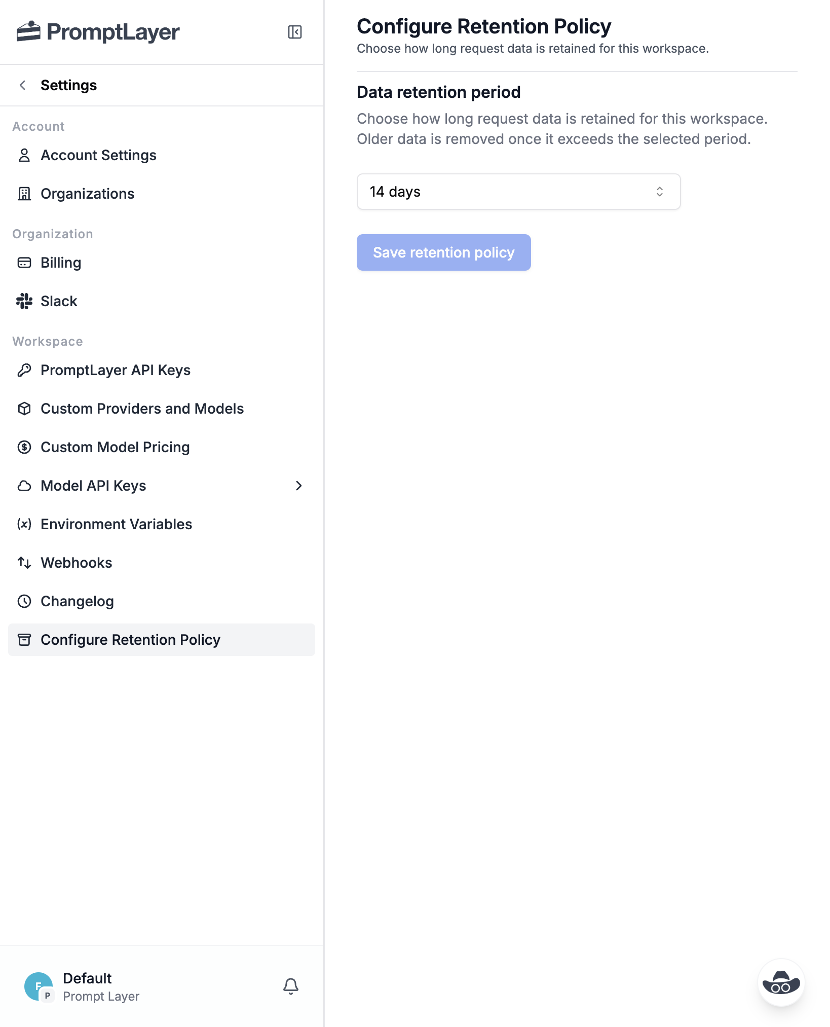 Configure Retention Policy settings page