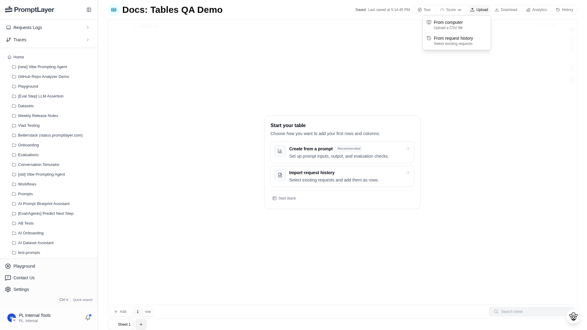 Upload menu with CSV upload and request history import options