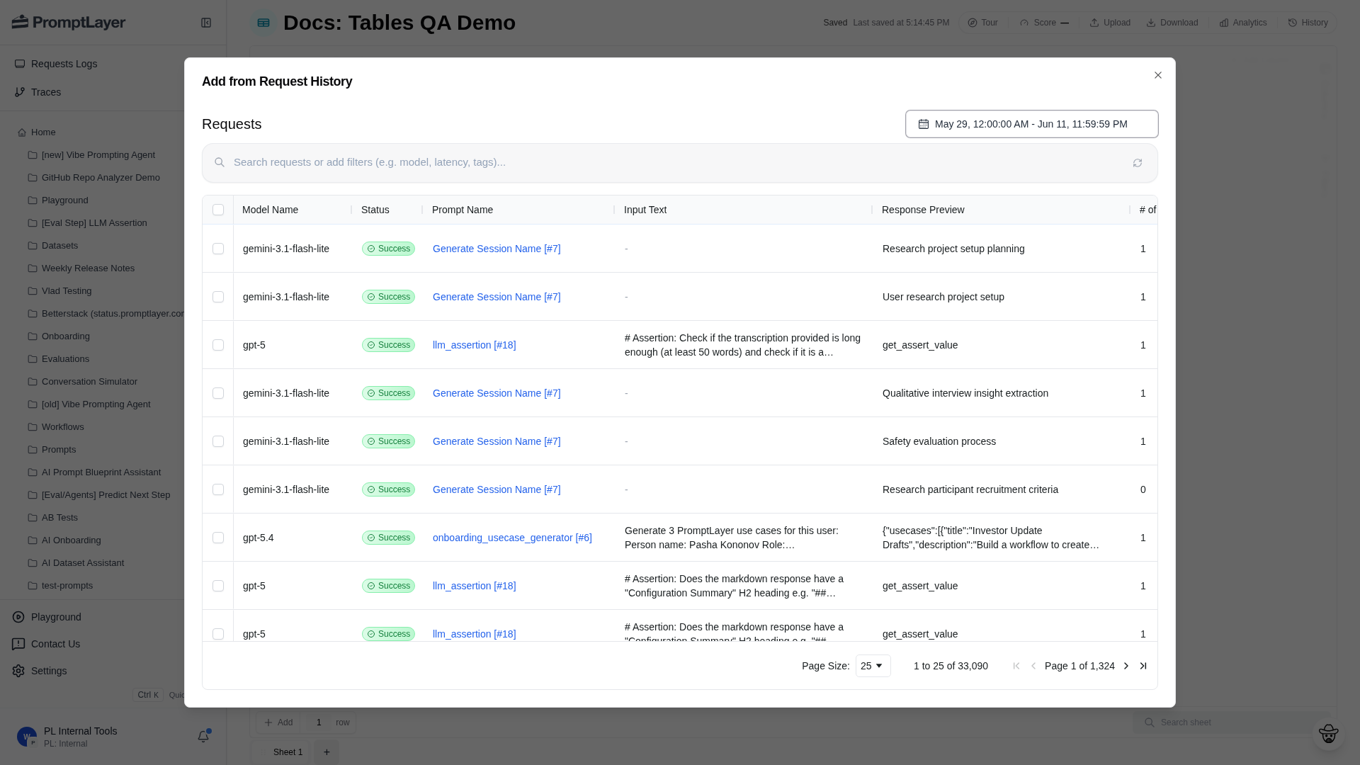 Import request history directly into a Table sheet