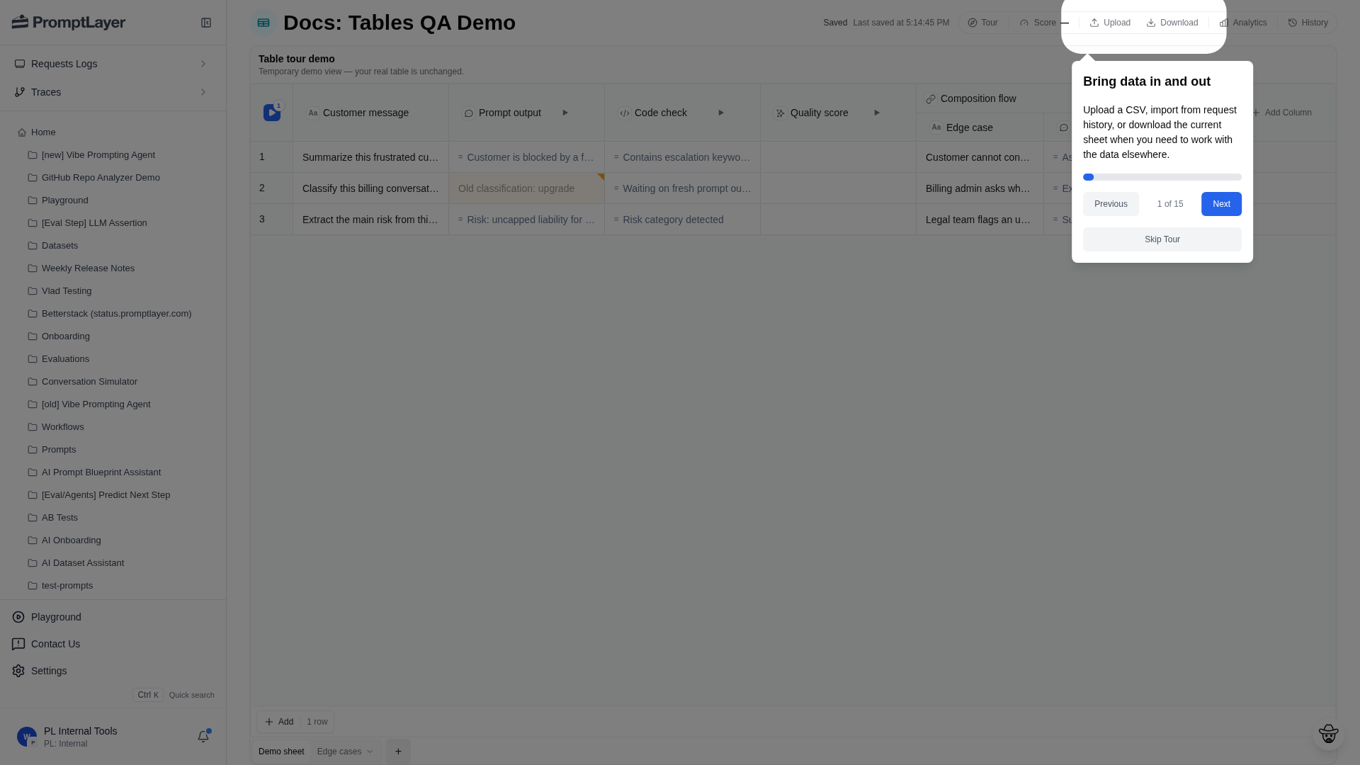 Table toolbar showing import, export, score, analytics, history, upload, download, and tour controls