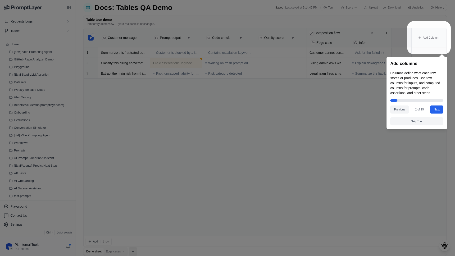 Add Column control in a Table sheet