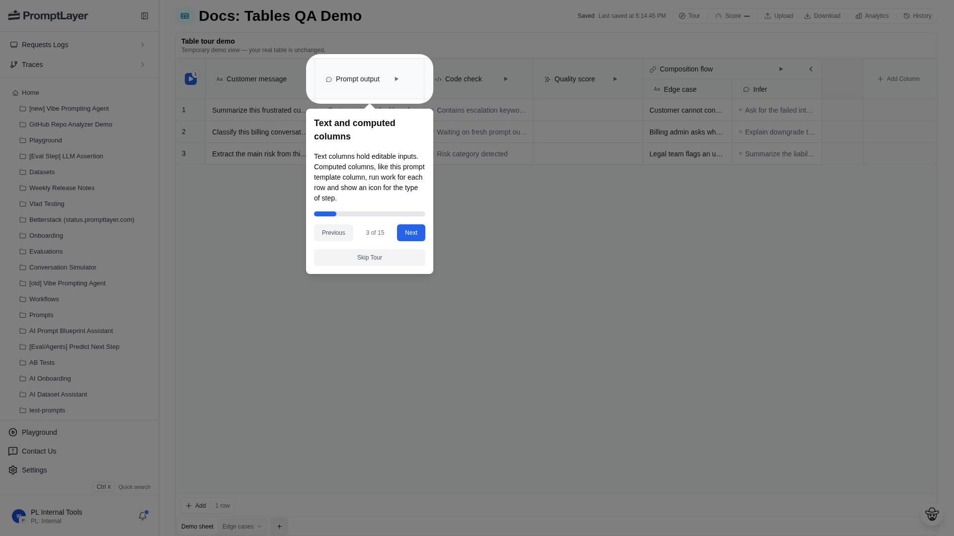 A Table with input columns followed by computed prompt, code, quality, and edge-case columns