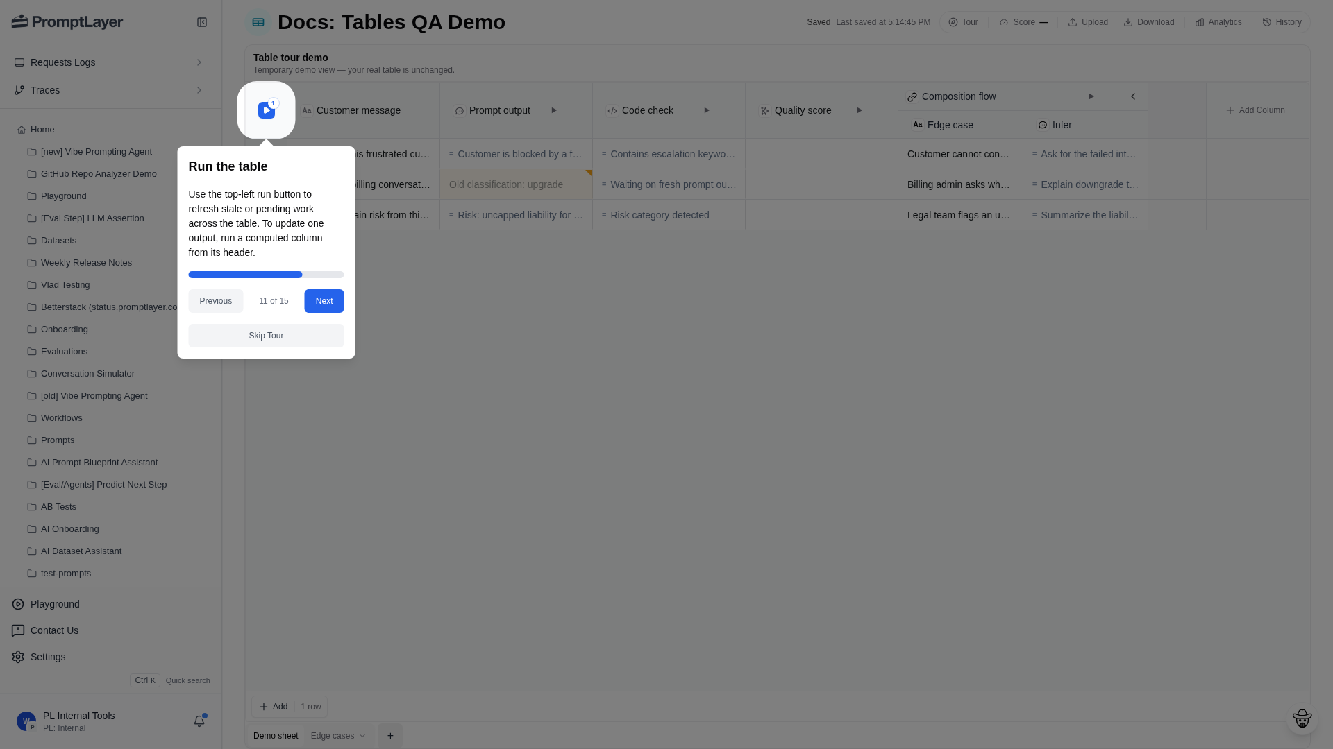 Run controls for refreshing Table work