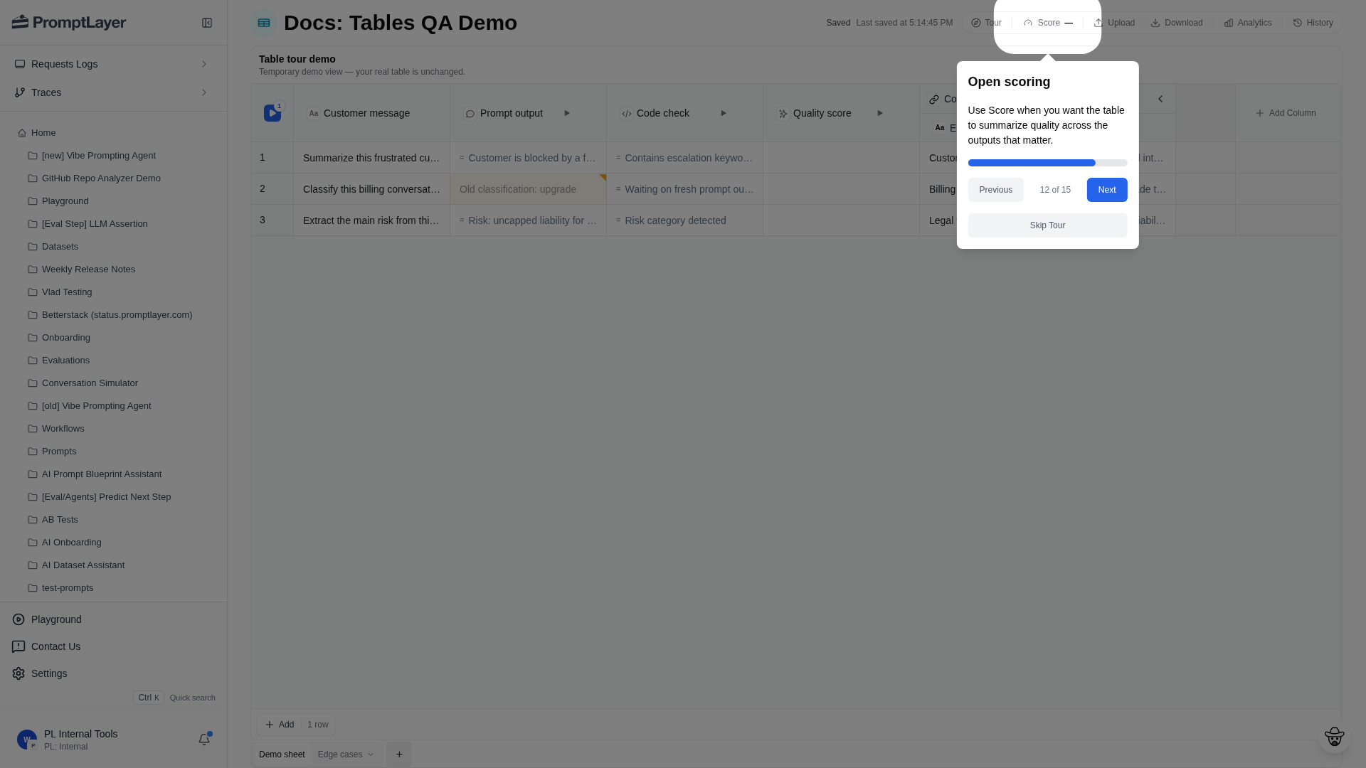 Score button in the Table toolbar