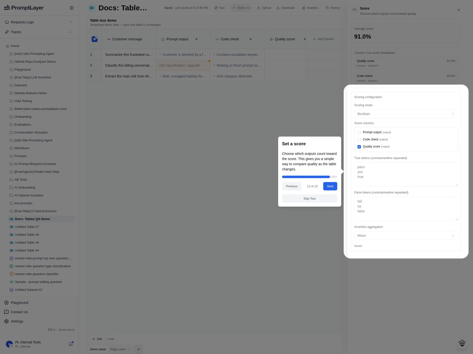 Score configuration panel with scoring mode, score columns, Boolean token settings, assertion aggregation, and Recalculate