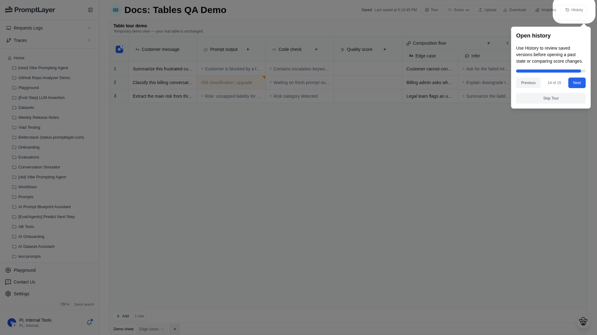 History button in the Table toolbar
