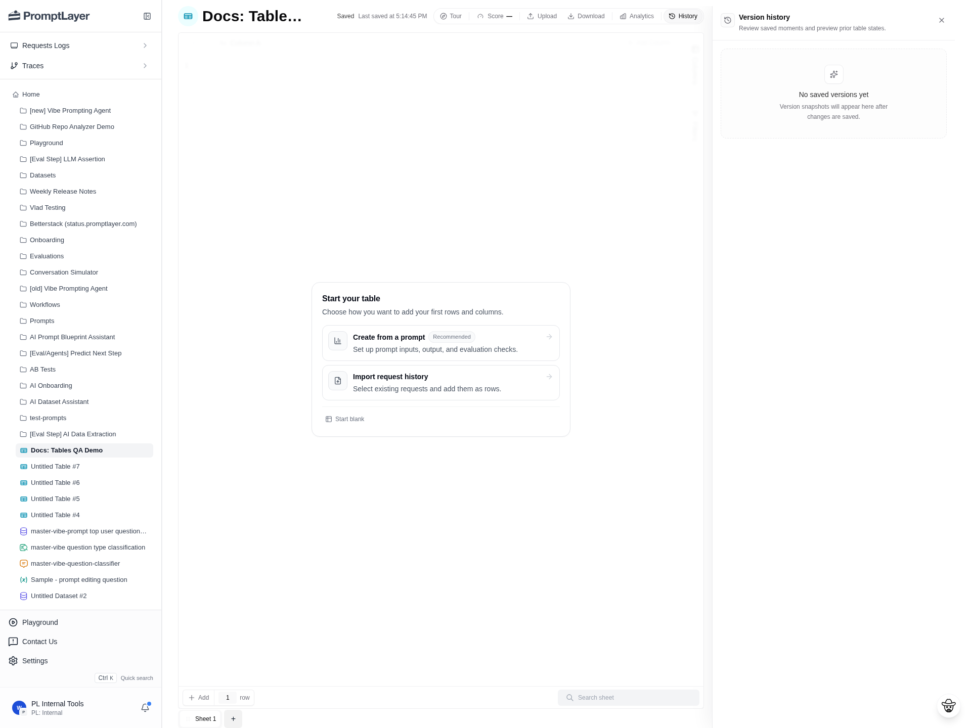 Version history panel showing the no saved versions empty state