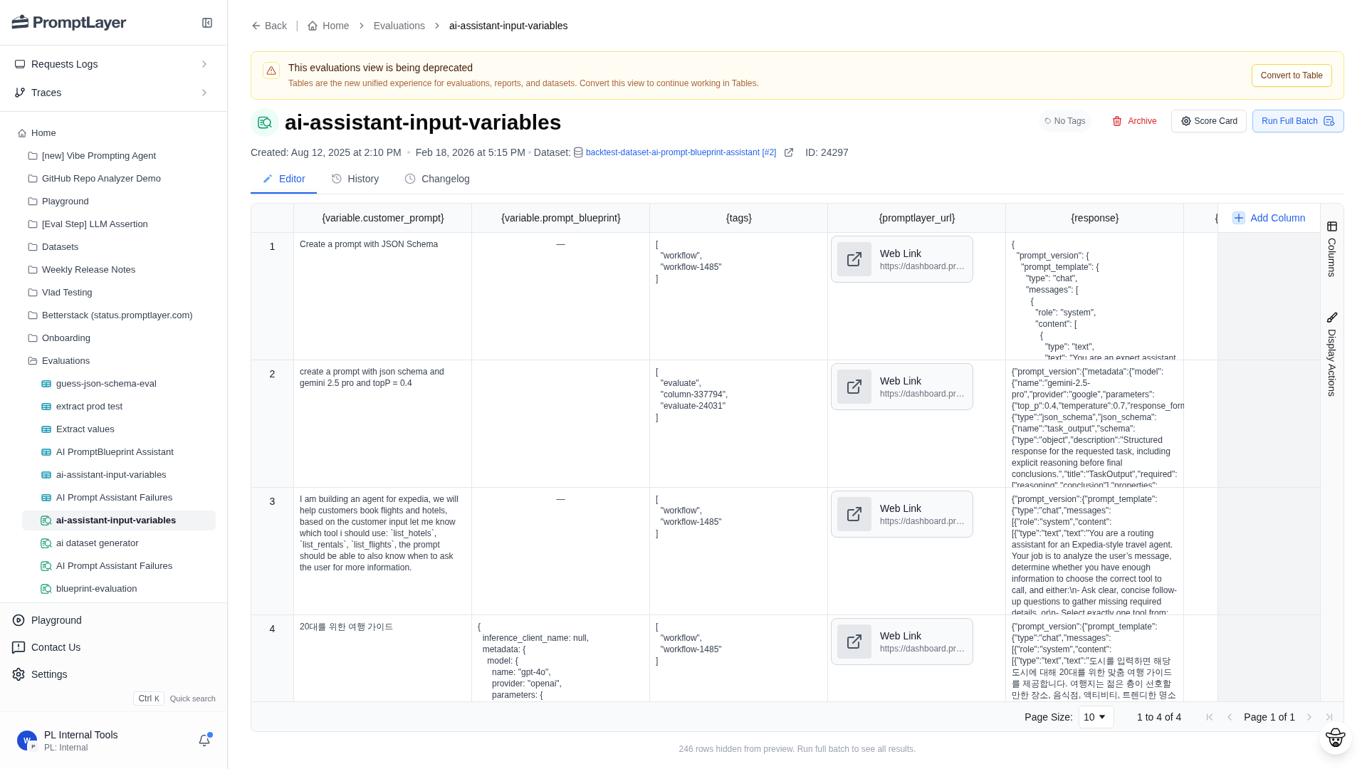 Legacy Evaluation page showing the Convert to Table migration button