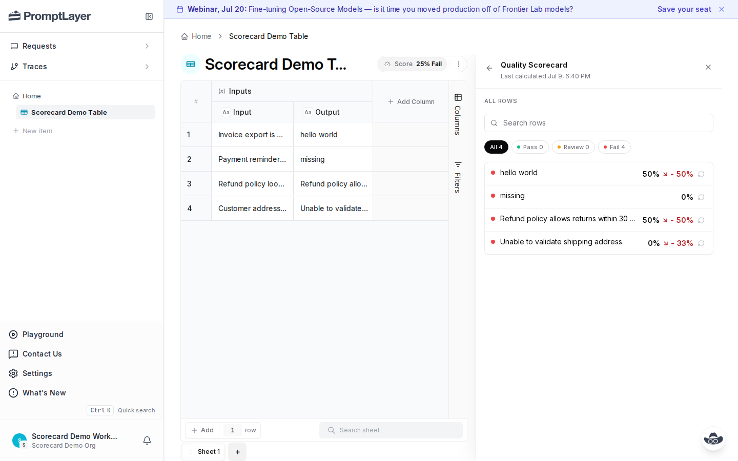 All rows view with search, verdict filters, and row-level scorecard results