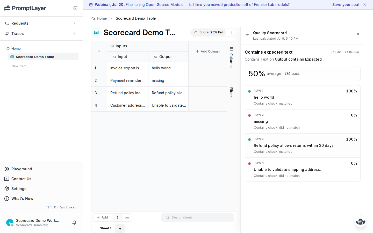 Criterion detail view showing a 50 percent average score and per-row contains text results