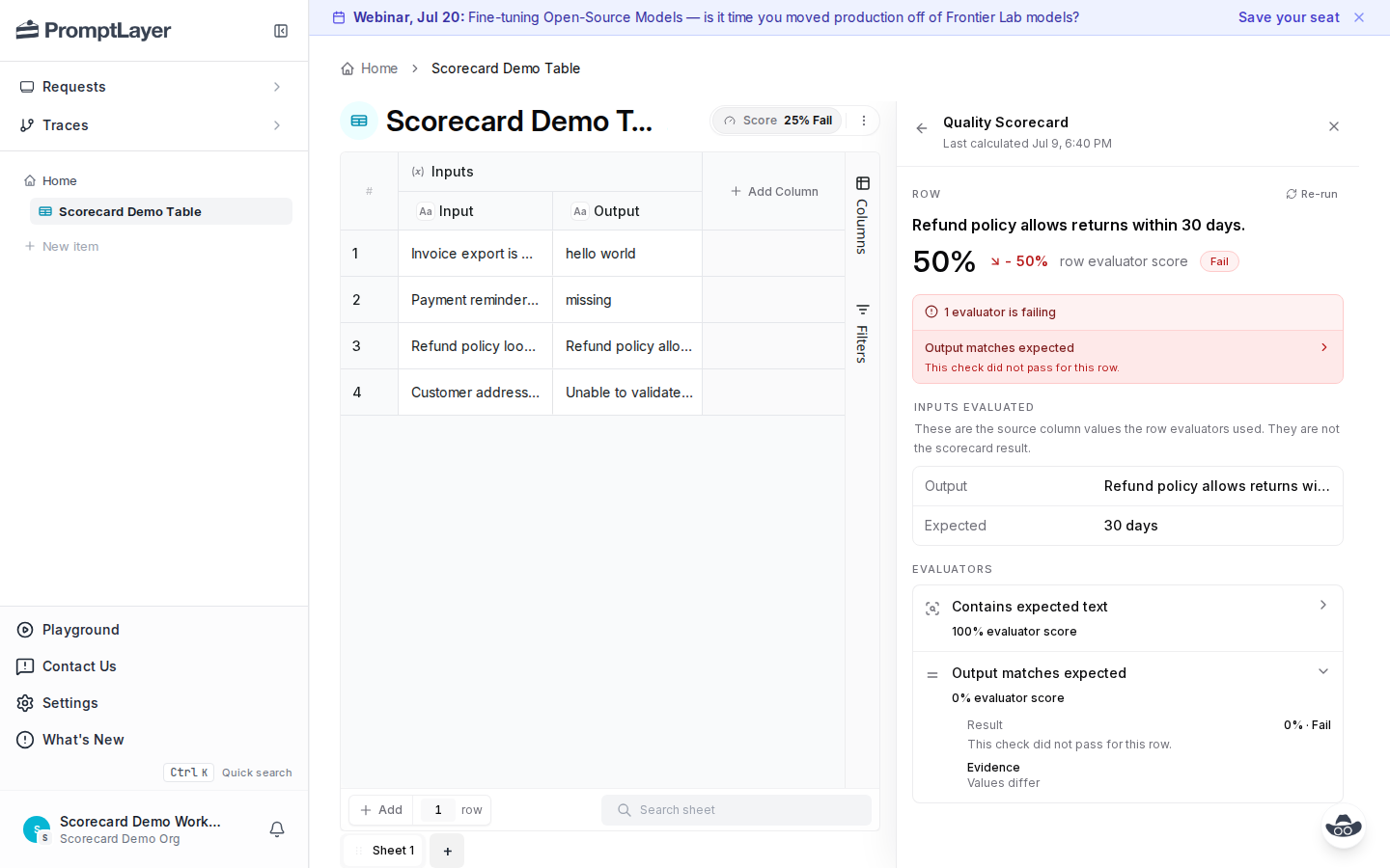 Expanded evaluator evidence showing result, score, failed verdict, and evidence for a row
