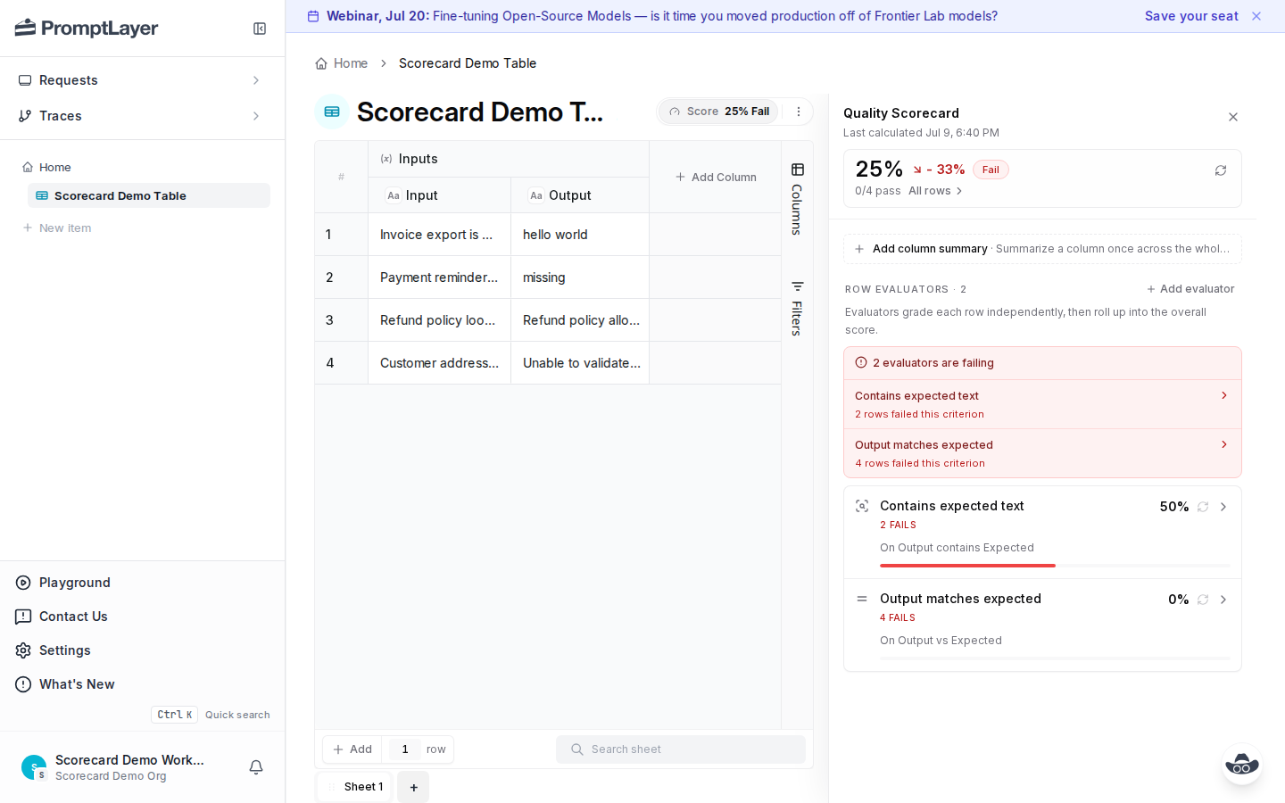 Scorecard panel showing a 25 percent failing quality score, failing evaluators, and row evaluator summaries