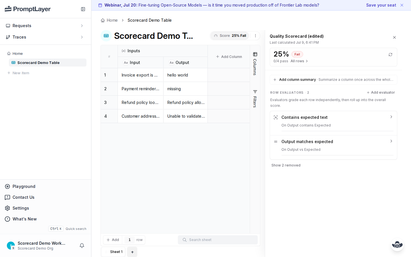 Scorecard panel showing edited state after criteria changed and results need recalculation