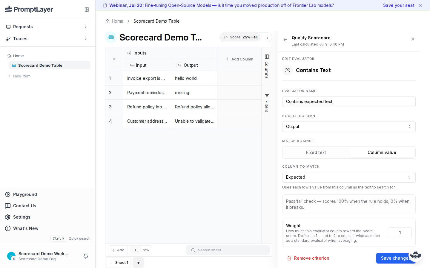 Edit evaluator form for a Contains Text evaluator with source column, match source, column to match, and weight