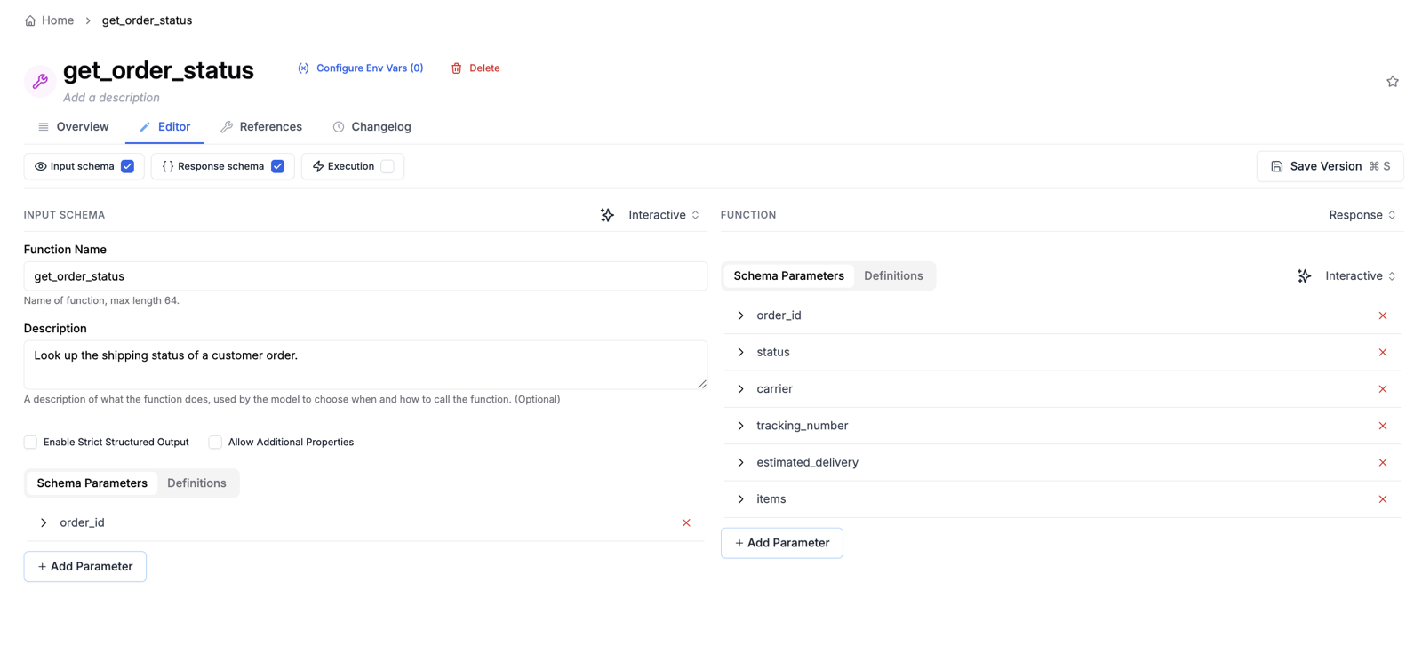 Response schema panel in the tool editor