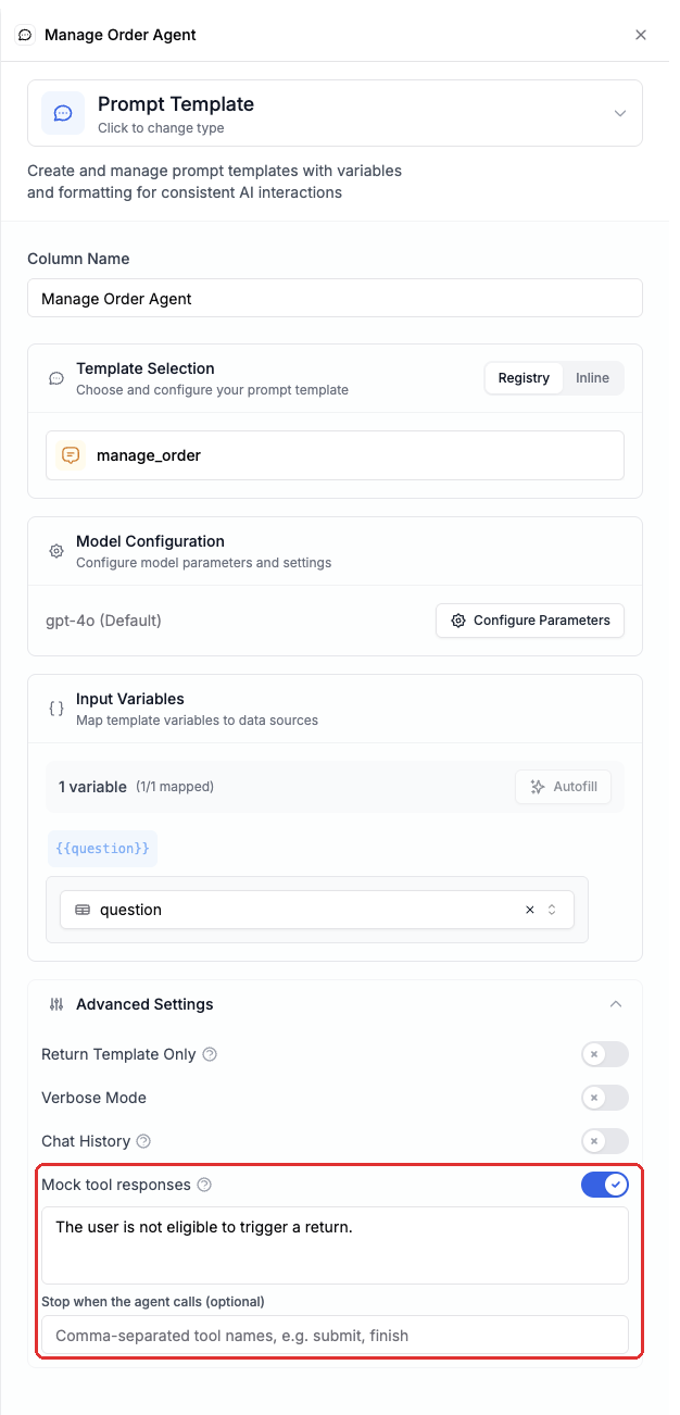 Prompt column configuration with the Mock tool responses toggle enabled