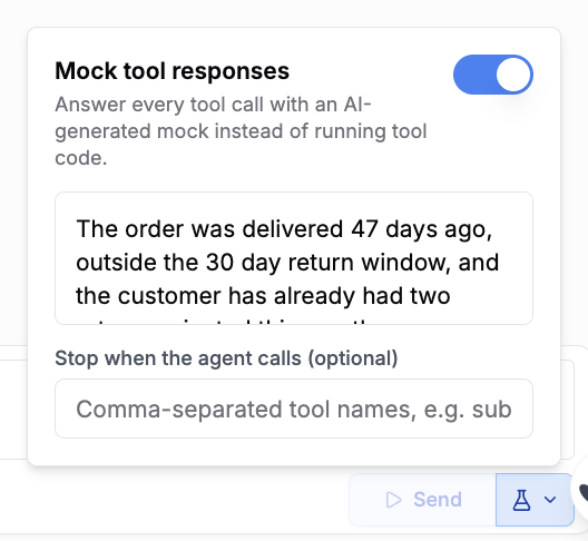 Mock tool responses panel in playground chat