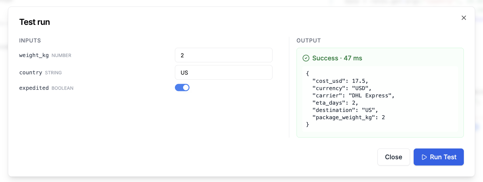 Tool test run dialog