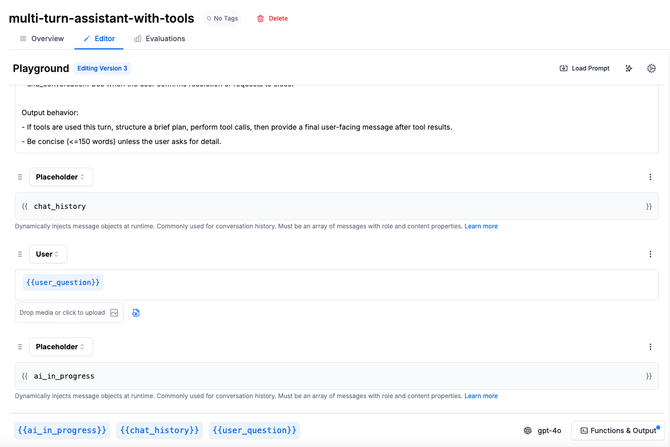 Multi-turn assistant with tools prompt configuration