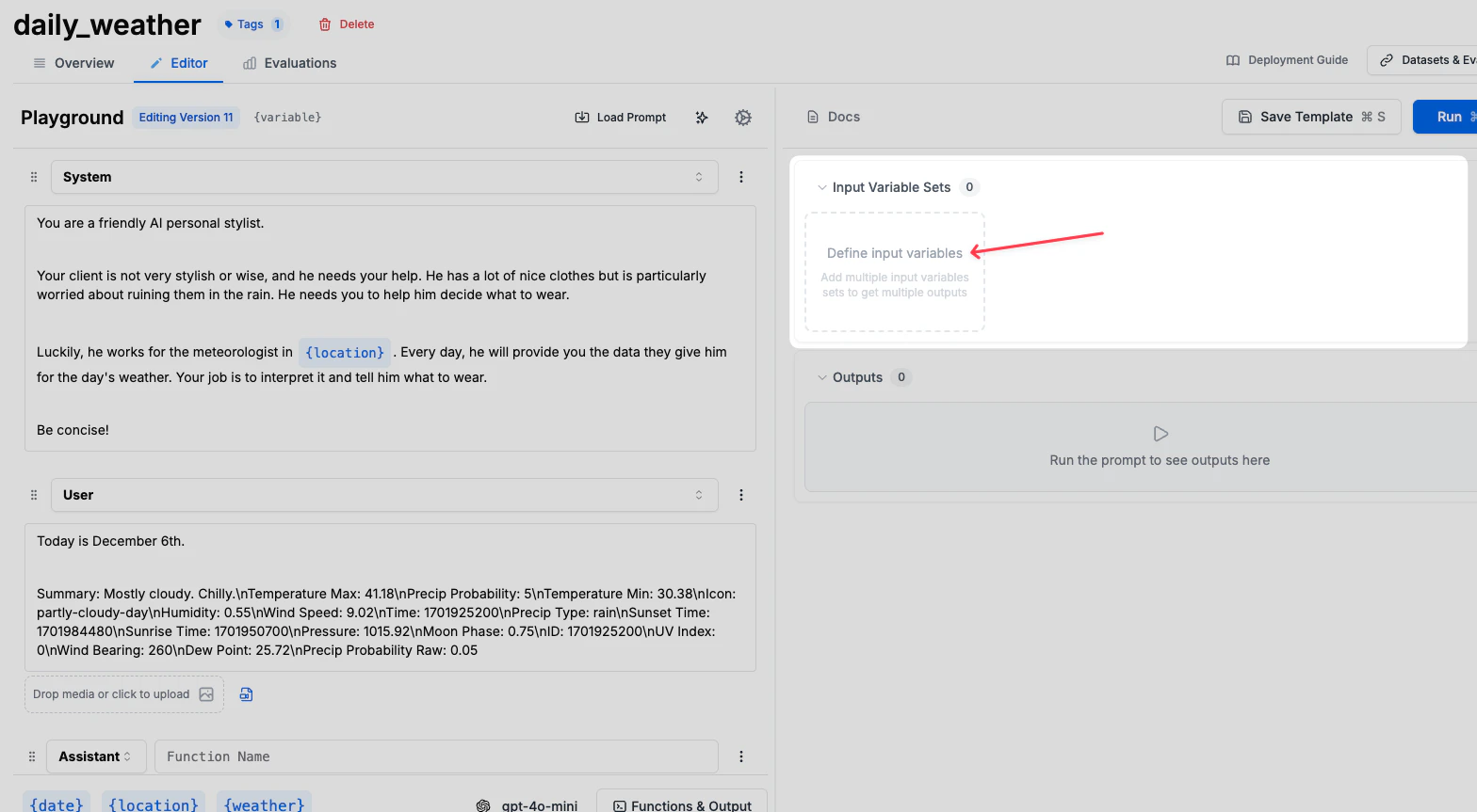 Saving input variables from prompt editor