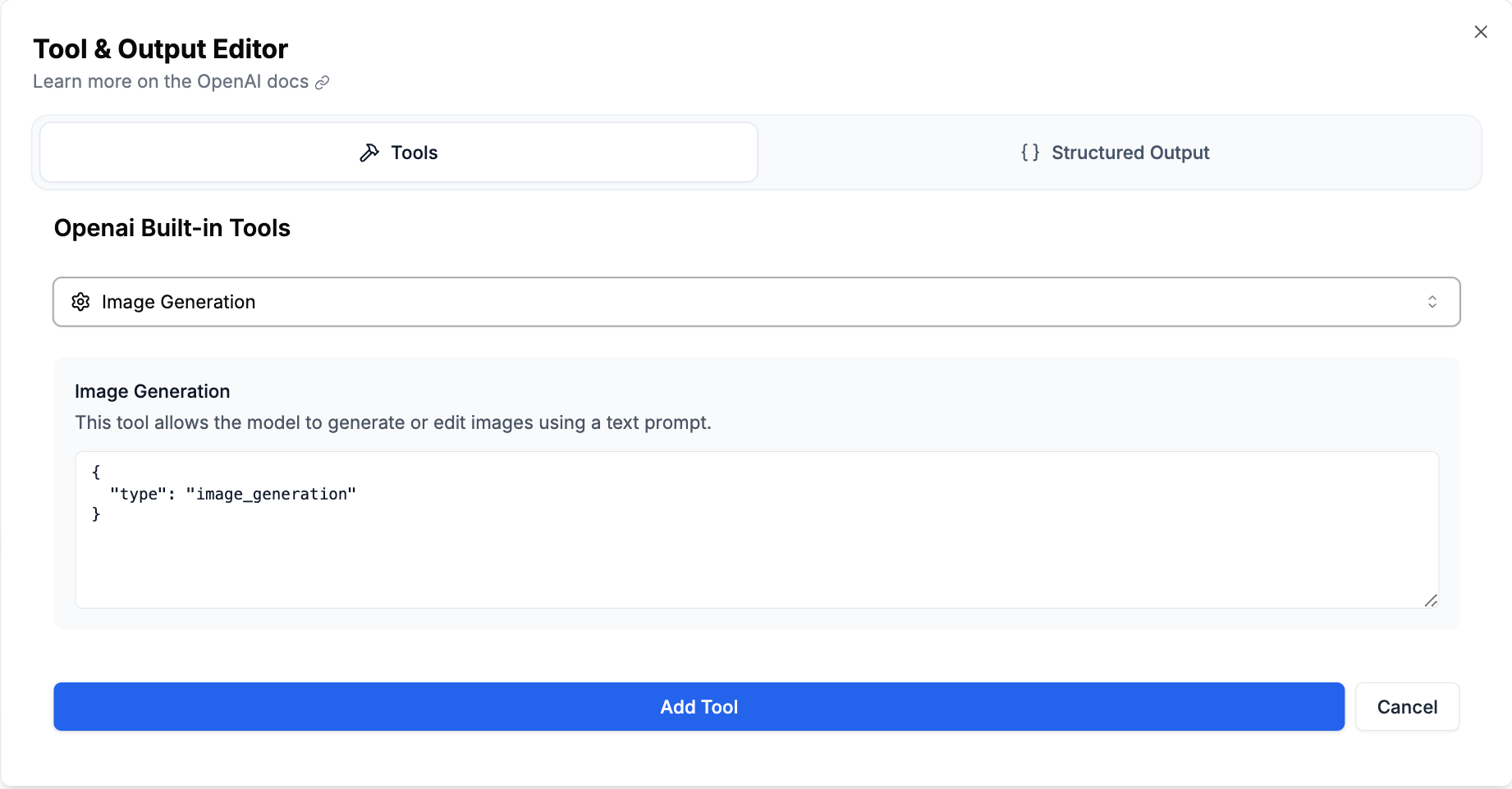 Built-in Tools Panel showing Image Generation tool