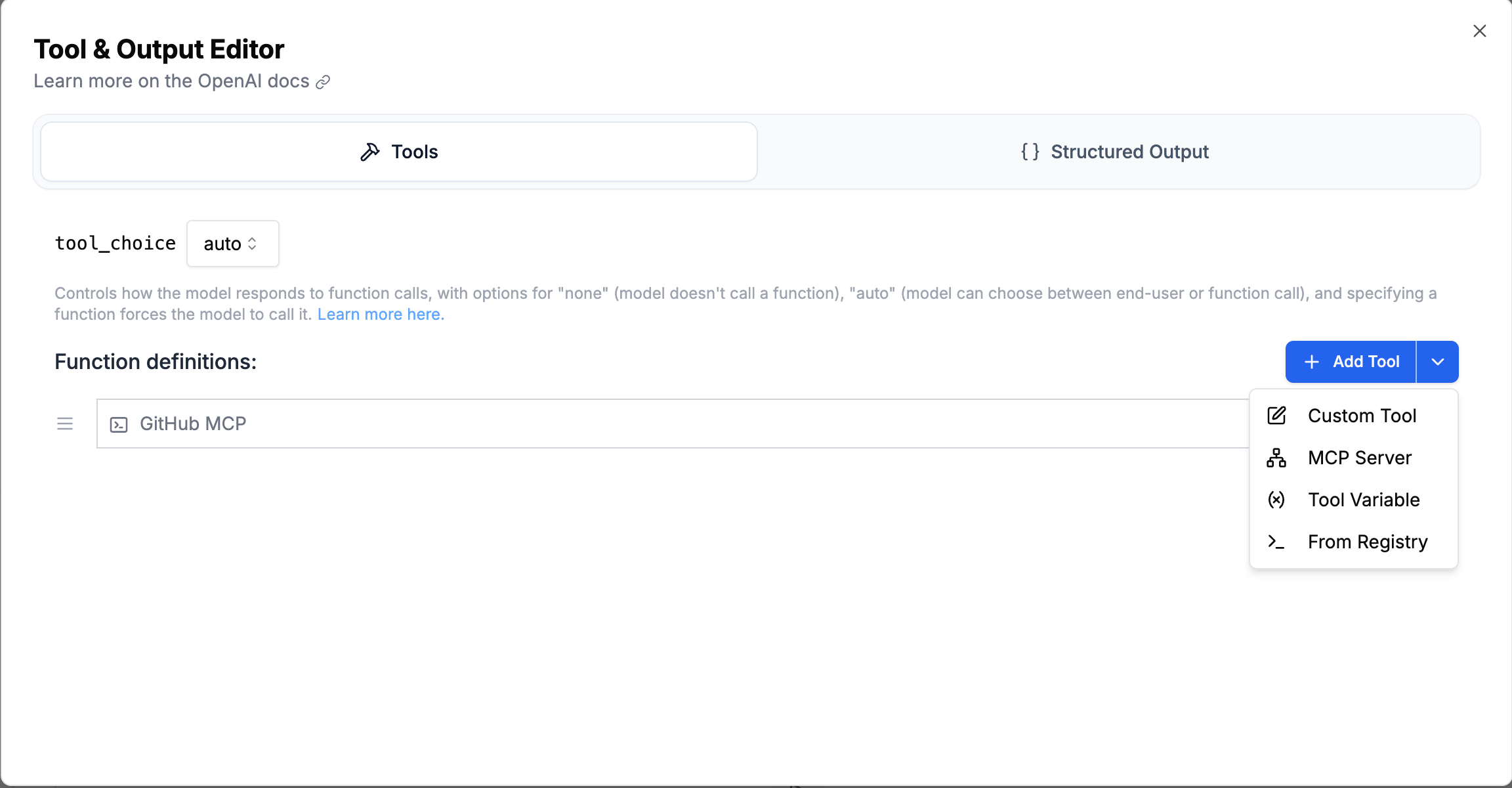 MCP Server picker in the Tool and Output Editor