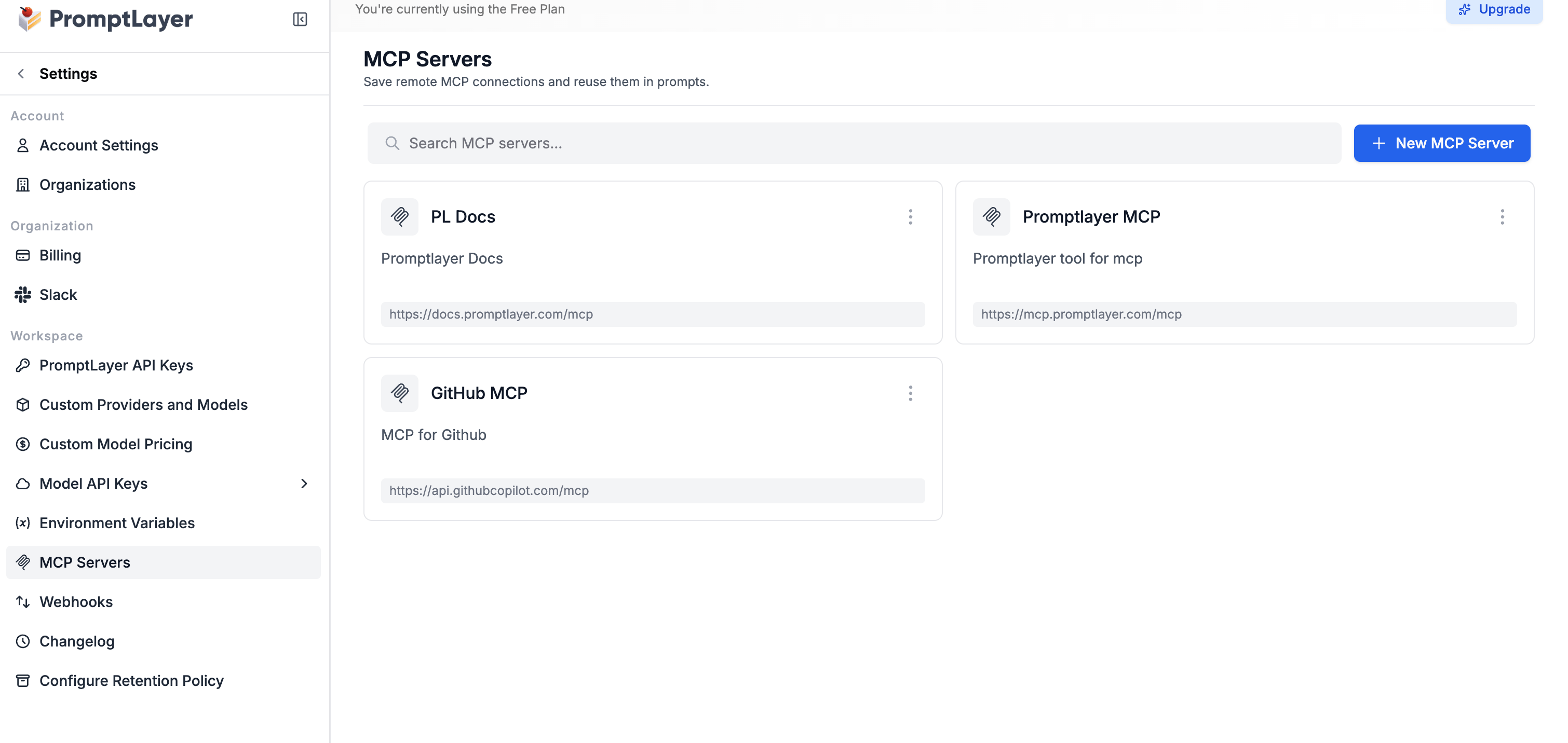 MCP Servers settings page