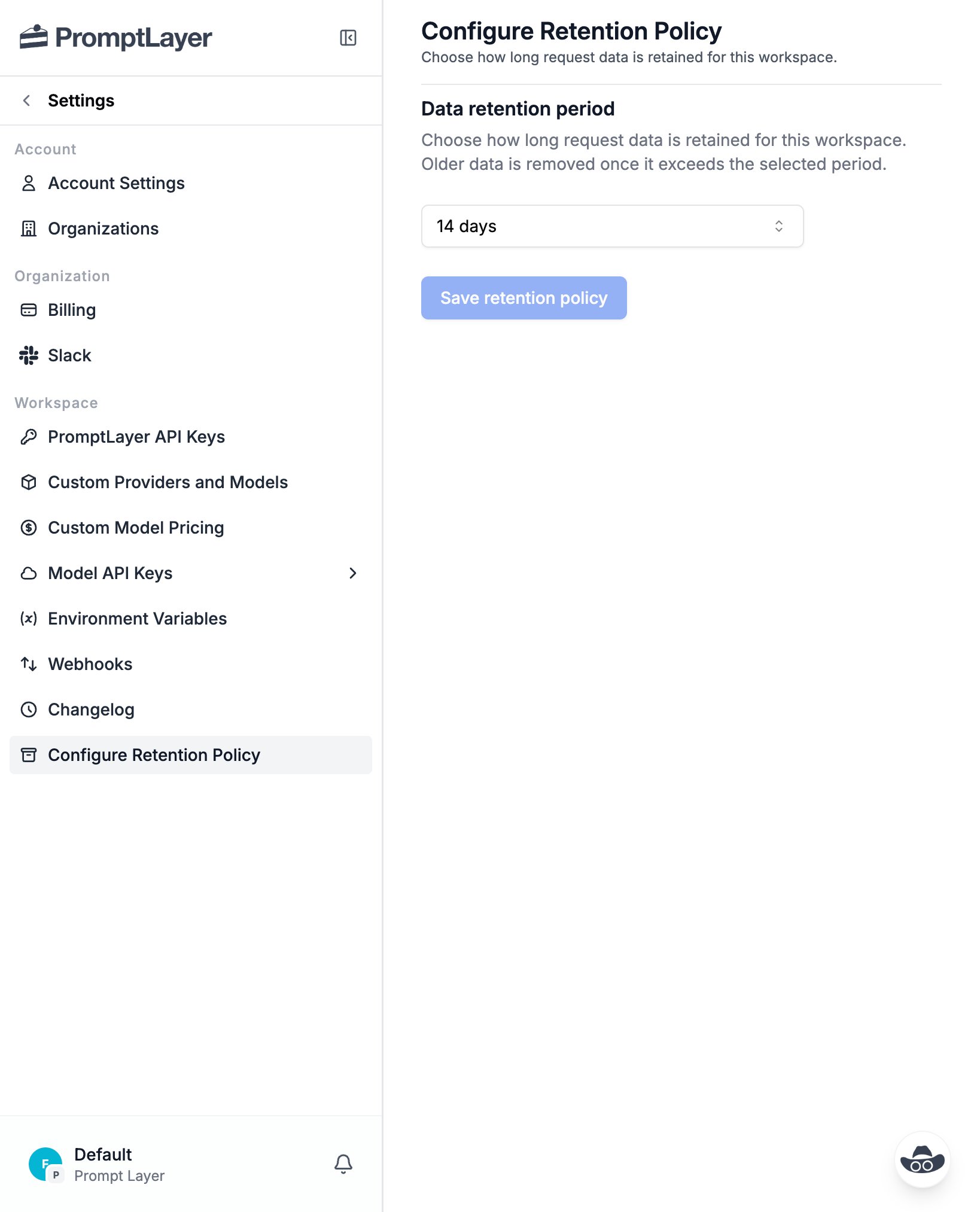 Configure Retention Policy settings page