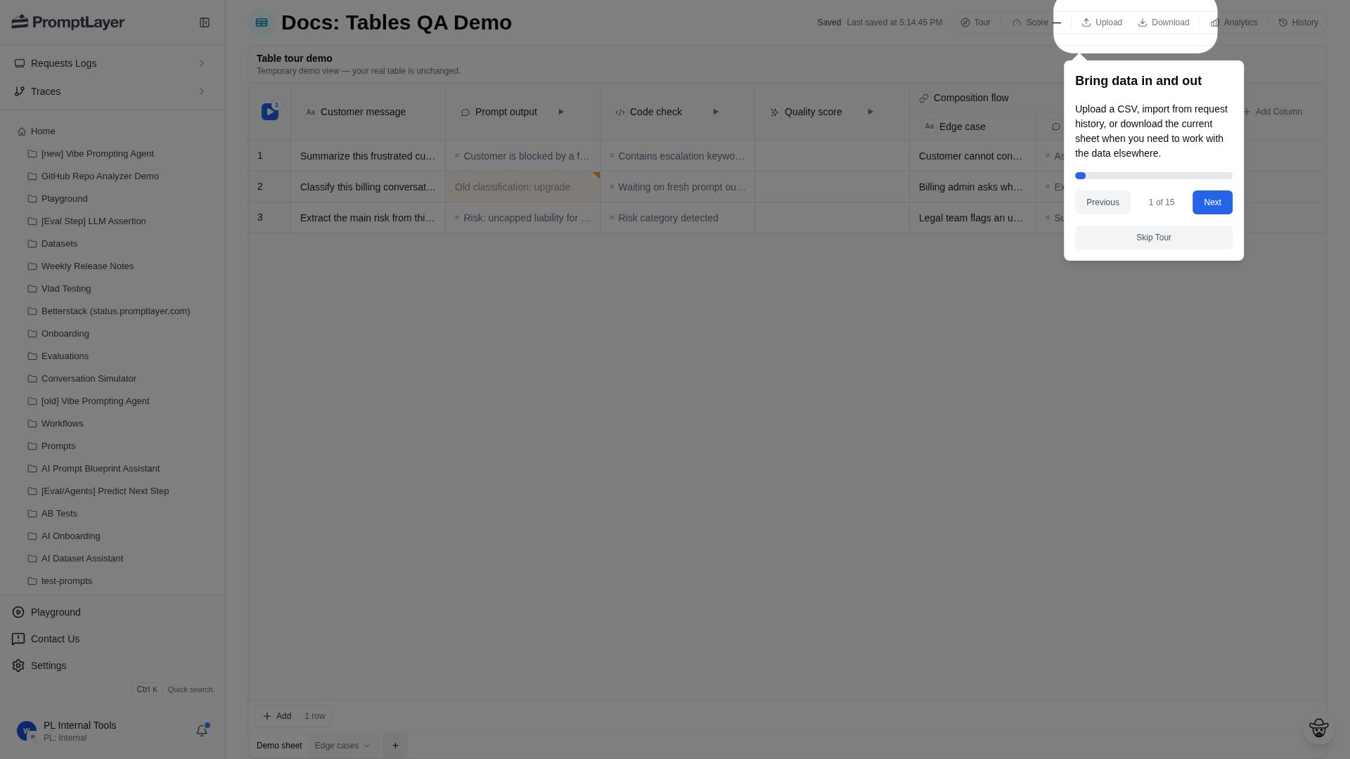 Table toolbar with Upload, Download, Score, Analytics, History, and Tour controls