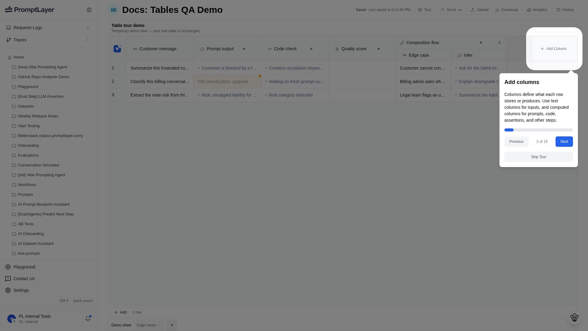 Add Column control in a Table sheet
