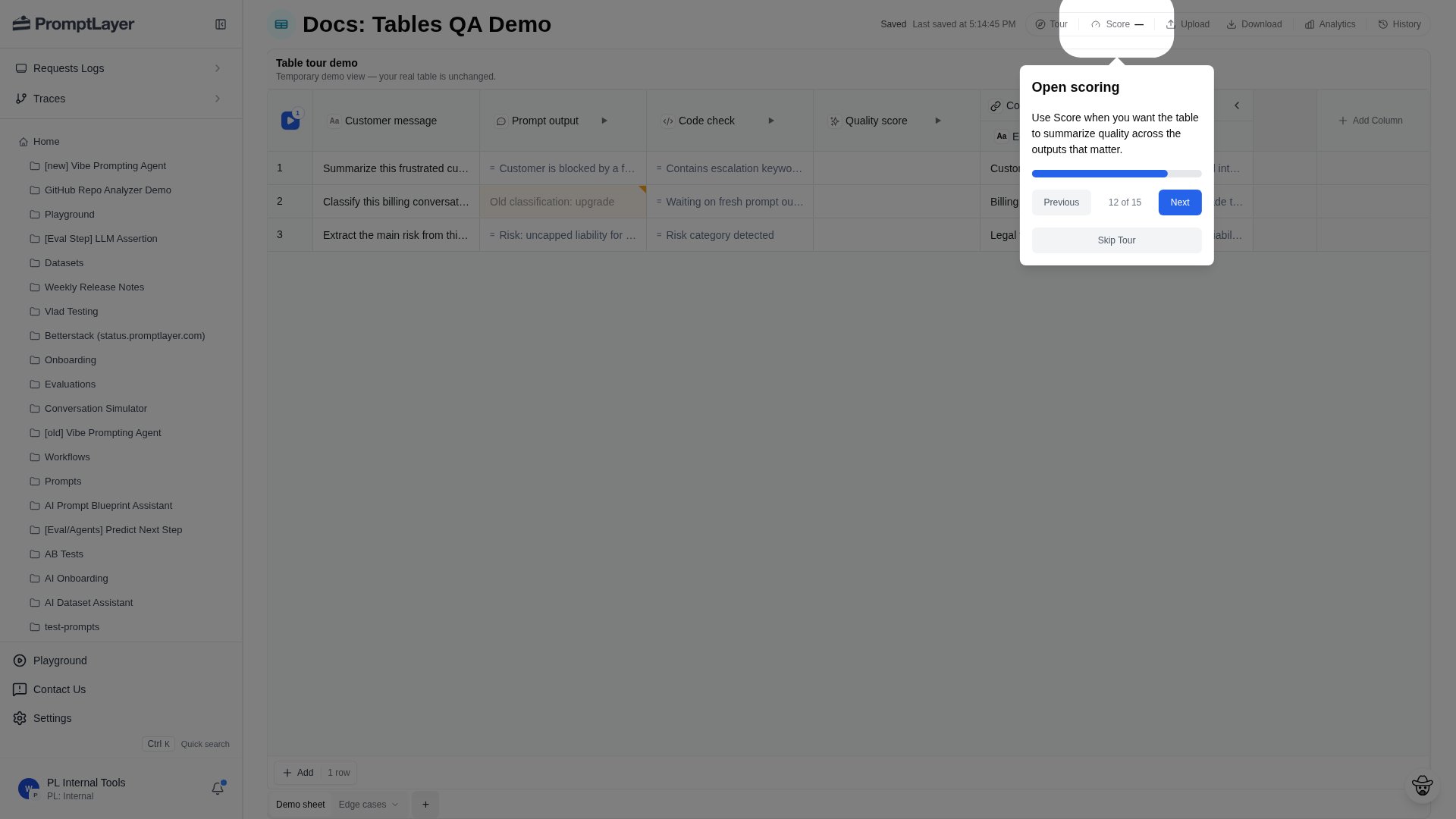 Score button in the Table toolbar