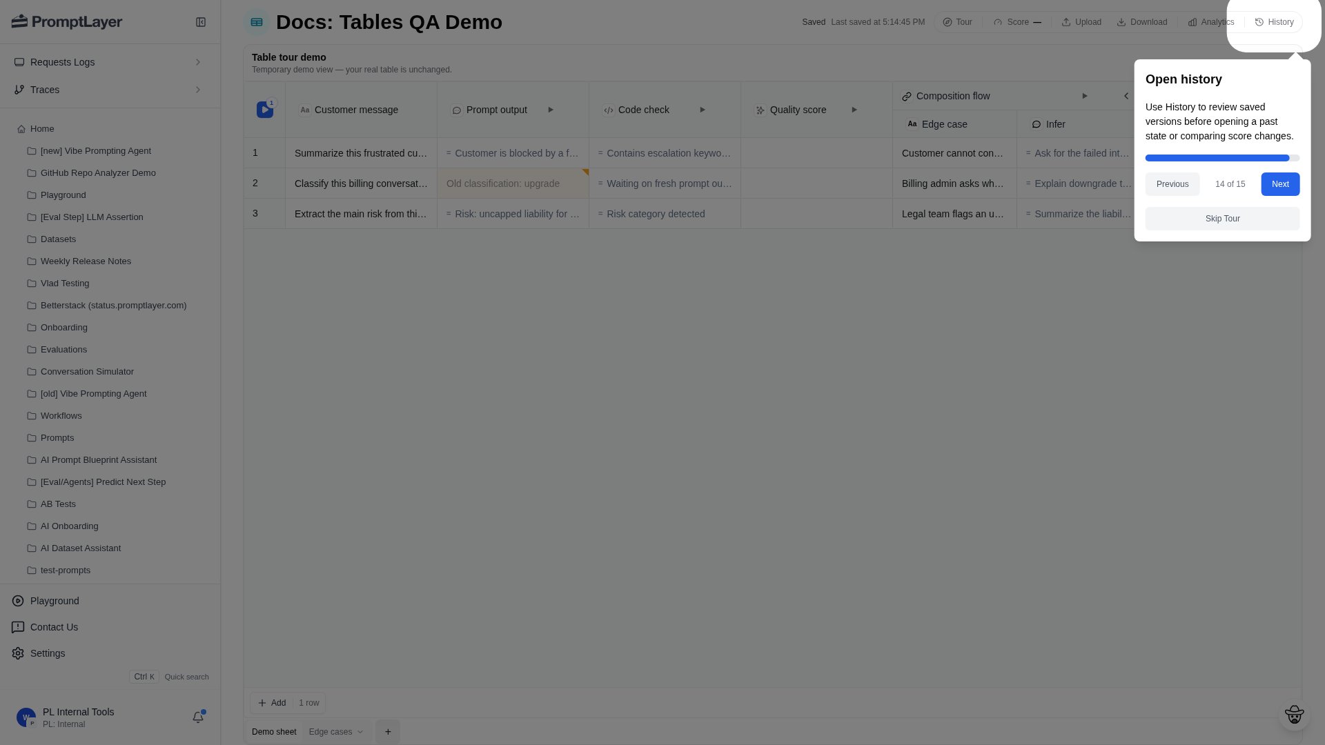 History button in the Table toolbar