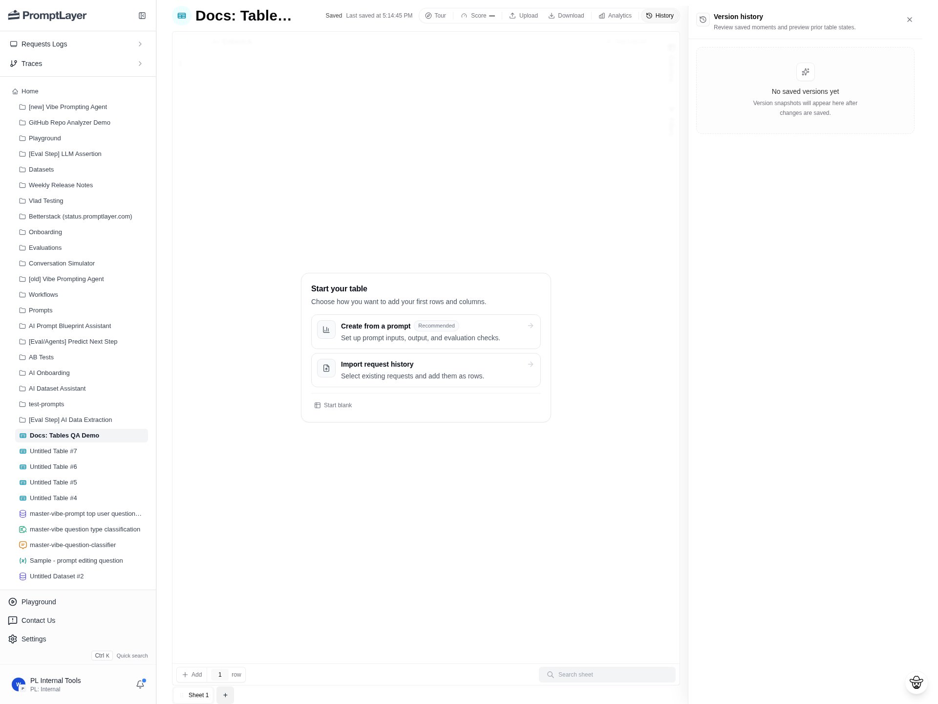 Version history panel showing the no saved versions empty state