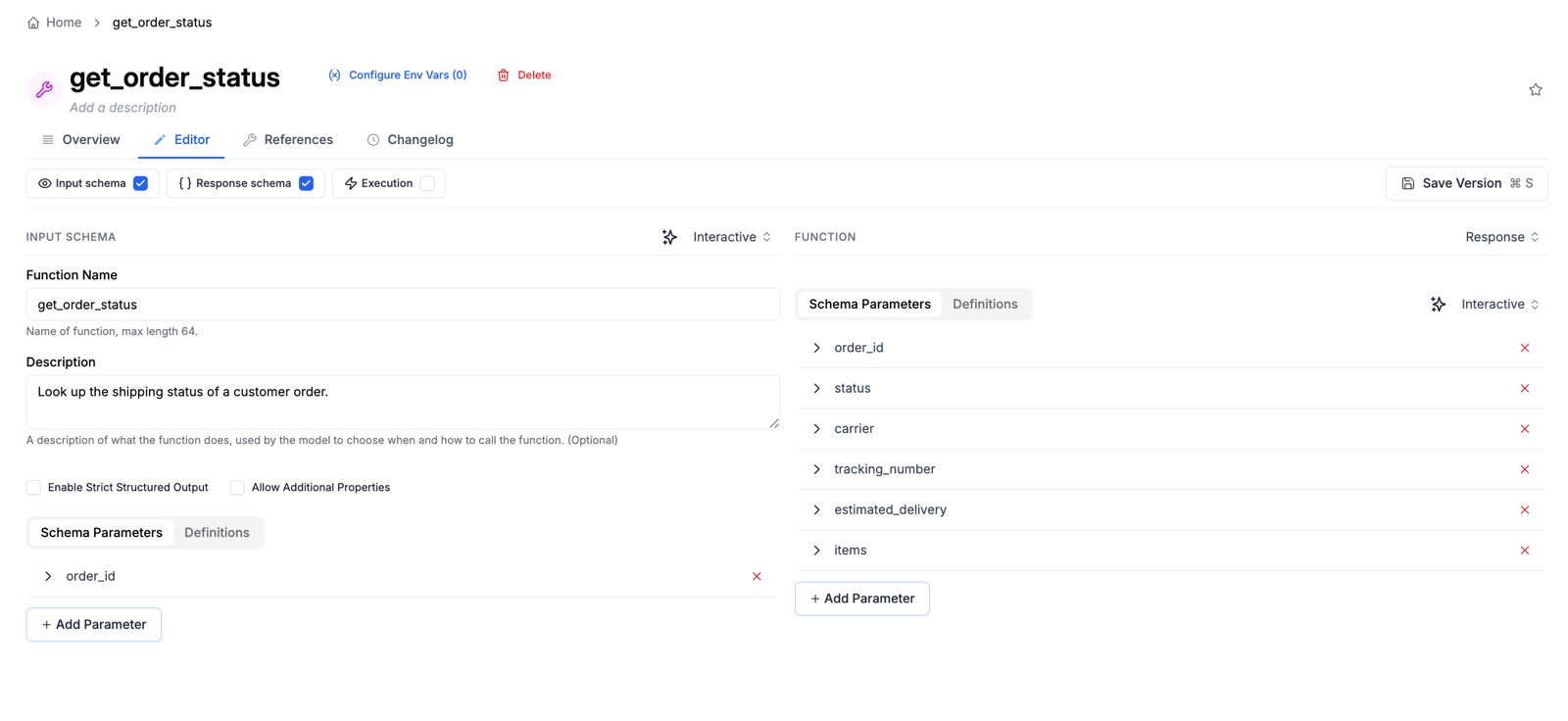 Response schema panel in the tool editor