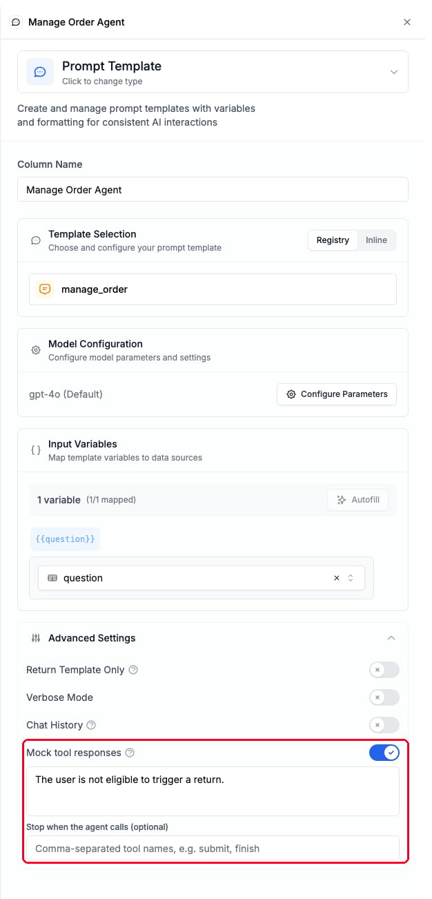 Prompt column configuration with the Mock tool responses toggle enabled
