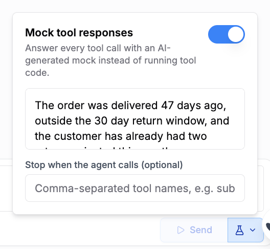 Mock tool responses panel in playground chat