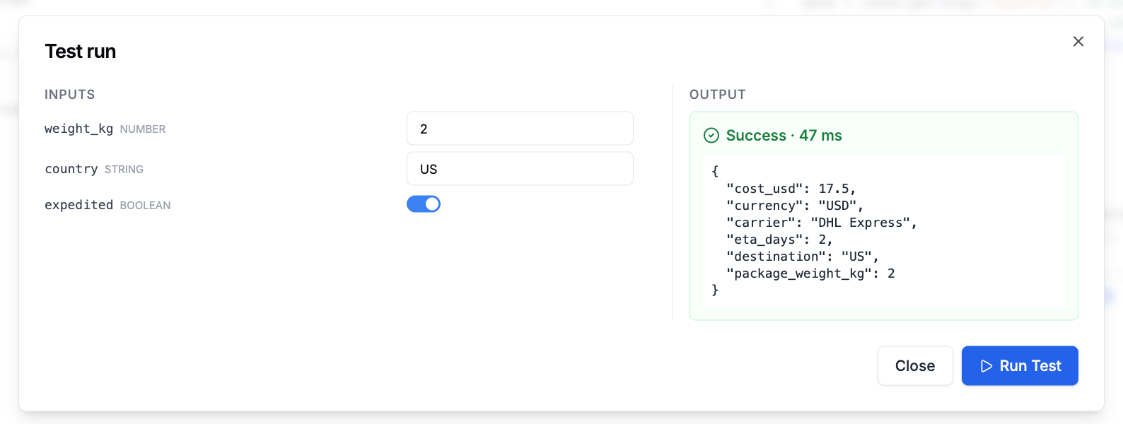 Tool test run dialog