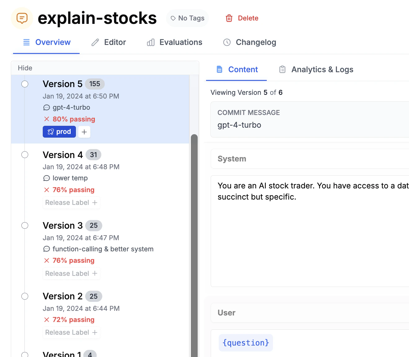 Eval scores by version