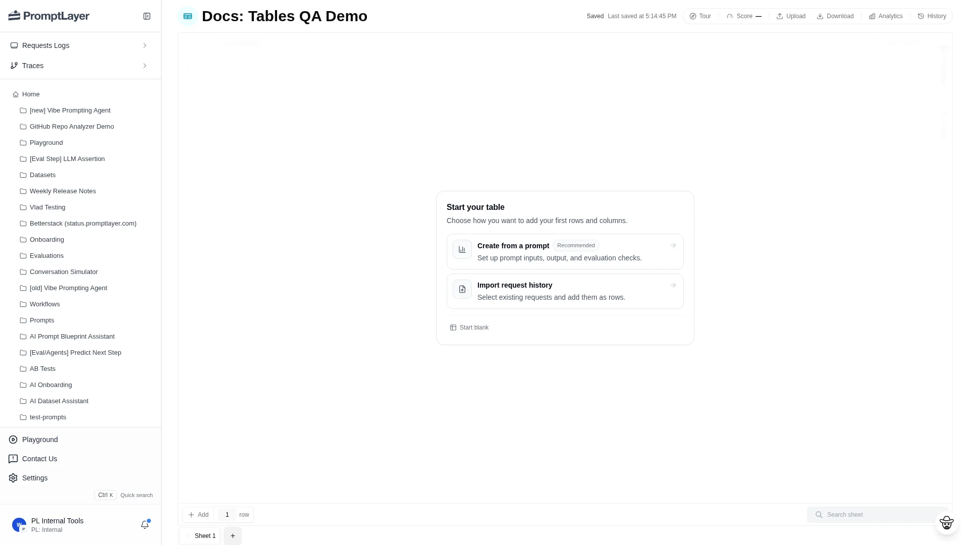 A new Table with options to create from a prompt, import request history, or start blank