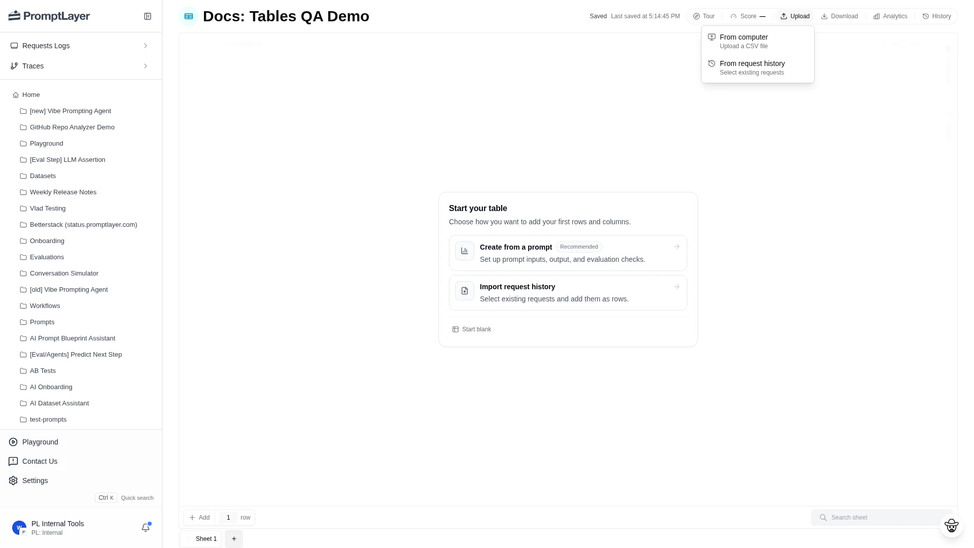 Upload menu with CSV upload and request history import options