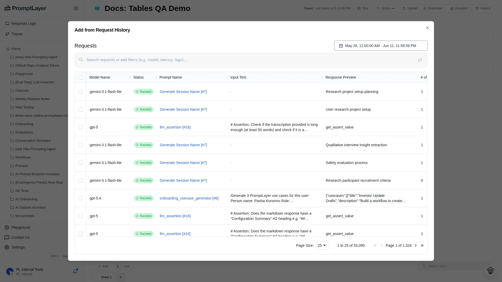 Add from Request History dialog with date range, search, filters, request grid, pagination, selectable rows, and Add to Sheet action